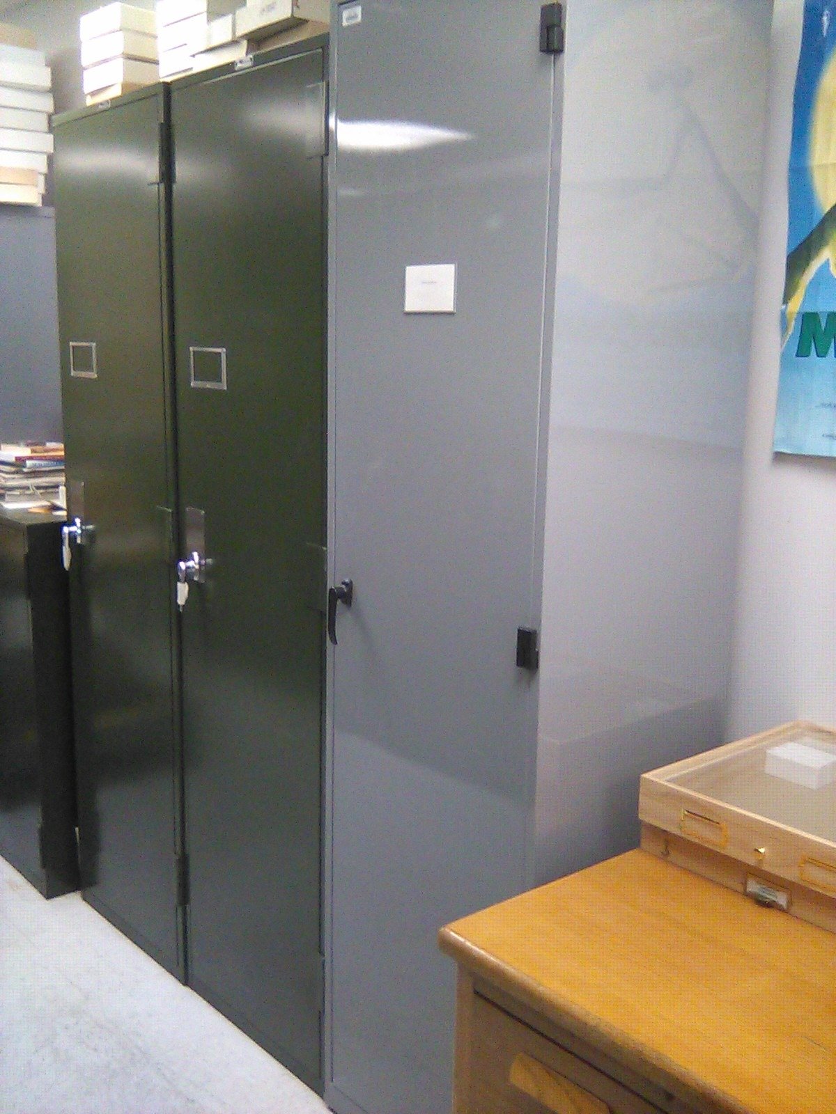 Three tall, gray metal cabinets that house specimen trays with a wood specimen tray on a table to the right of third cabinet.